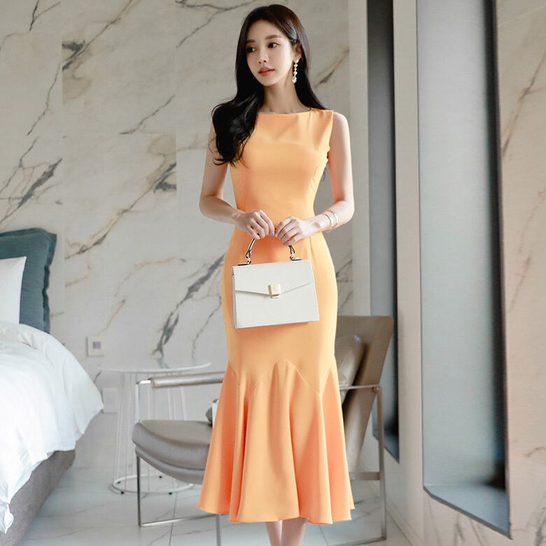 大人 エレガント セクシー パーティードレス 結婚式 二次会 ワンピース レディース フィッシュテール スカート ラウンドネック 無地 ミディアムロング丈 エメラルドグリーン オレンジ ミドルウエスト ジッパー おしゃれ 体型カバー 脚長効果 スタイルアップ Cute スリム
