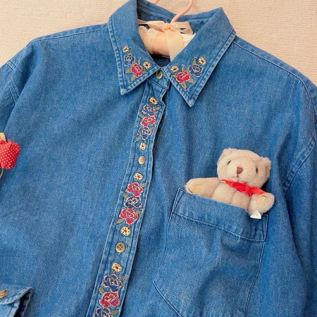 rose embroidery denim shirt
