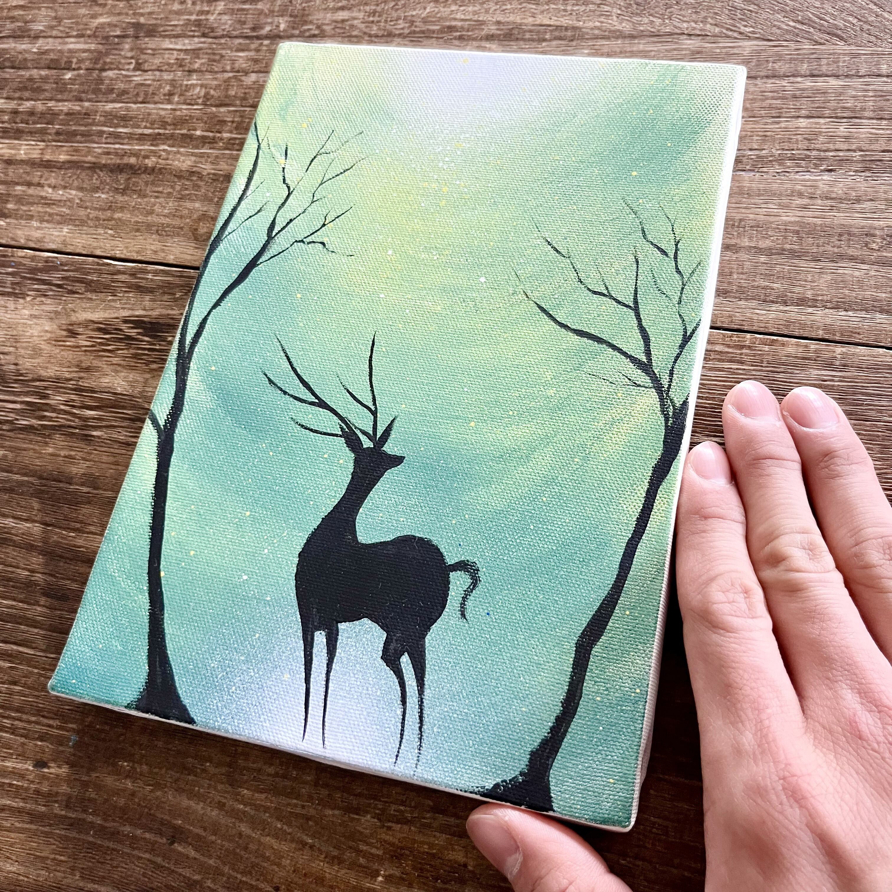 Inside」原画 夜×鹿×潜在意識 緑 エメラルドグリーン 絵画 キャンバス