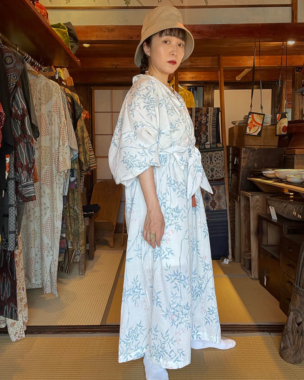一点物　正絹　着物　ドレス　ロング アンティーク kimono dress 正絹 着物 ワンショルダー ドレス ワンピ kimono dress 滝泰