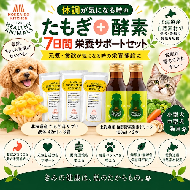 【小型犬・中型犬・猫用】体調が気になる時の7日間 栄養サポートセット｜たもぎ茸＋発酵野菜酵素｜元気・食欲が気になる子に｜ヘルシーアニマルズ