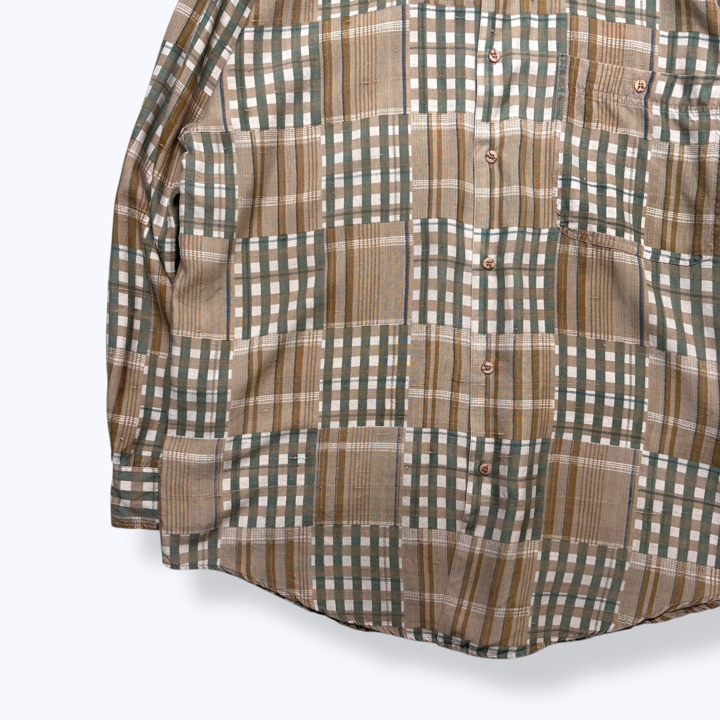 80s~ DEAD STOCK GOOUCH Patchwork Check Silk Shirts 【XL】 80年代