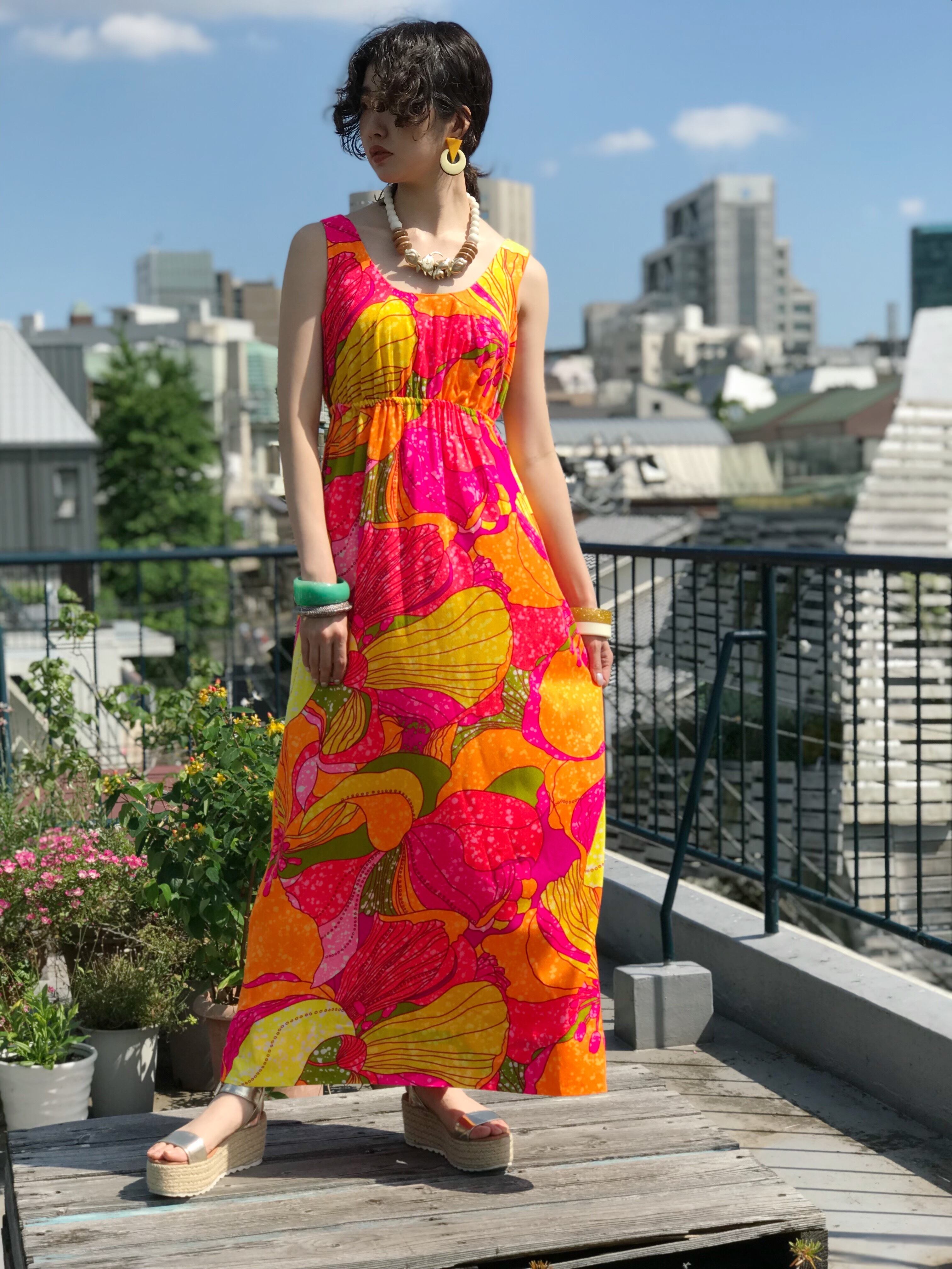 70s Hawaiian Psychedelic Floral Sleeveless Dress ヴィンテージ ハワイアン サイケデリック 花柄 ノースリーブ ワンピース Riyad Vintage Shop
