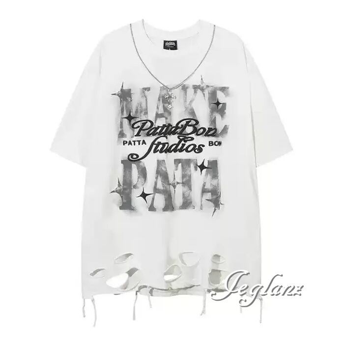 2色 ダメージ Tシャツ トップス バックロゴ 破れ ユニセックス (MA446)ρ