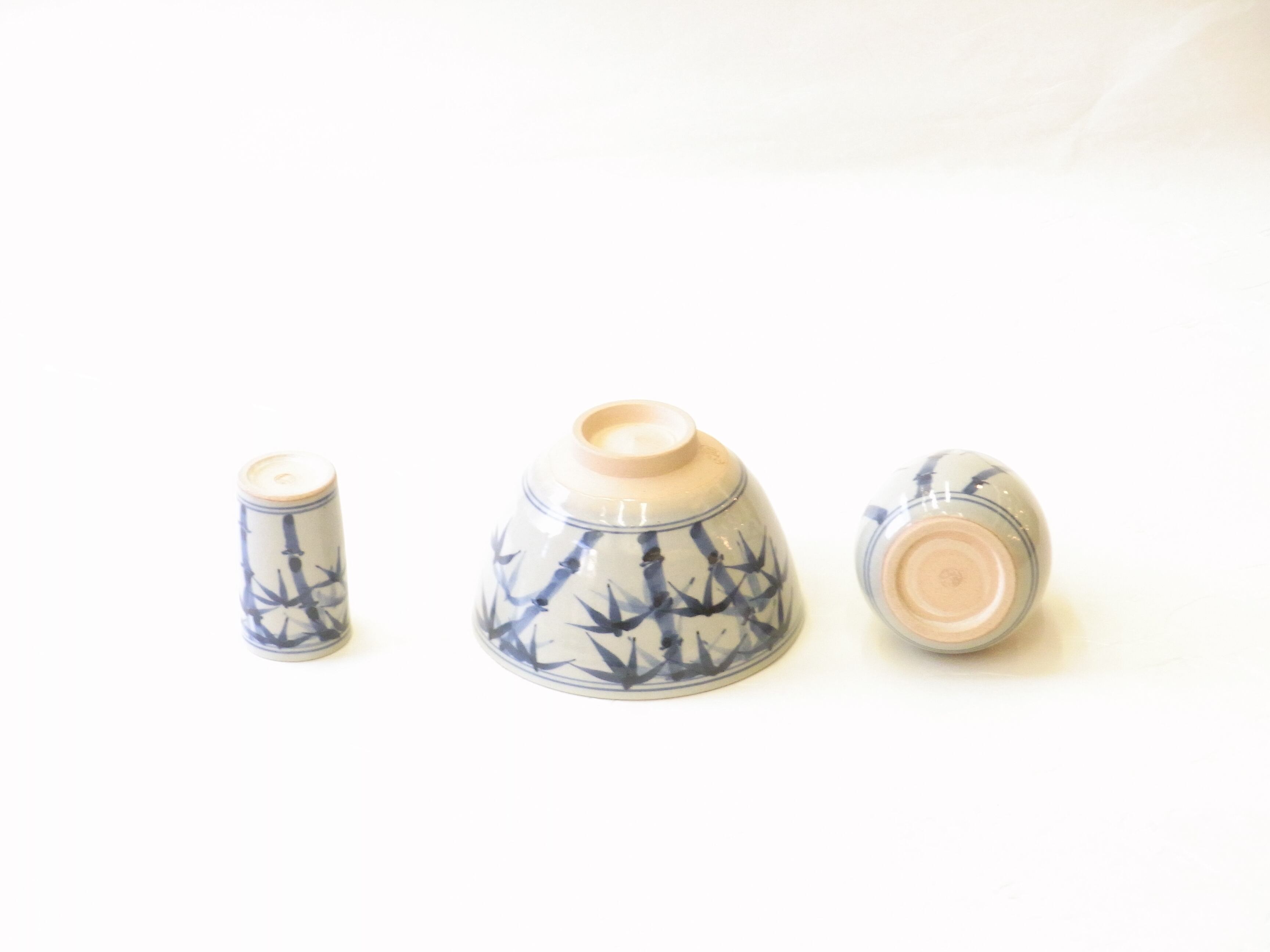 桐鳳 作 抹茶碗・振出・茶巾筒 竹絵 三点セット（茶箱・野点用