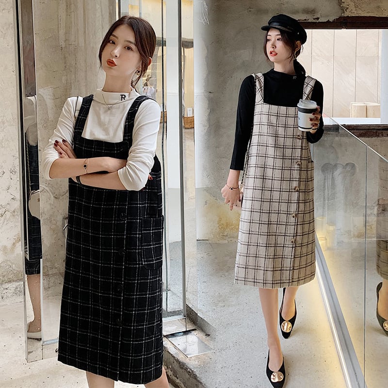 【新作】【送料無料】 マタニティウェア2019年秋の新しいマタニティドレス、長袖+ウールのチェック柄サスペンダースカートツーピース-アリババ ロング オータム 秋物 expec254425525352
