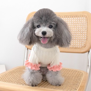 【PET】2色展開花形ボタン＆リボン付き裾フリルニットワンピース