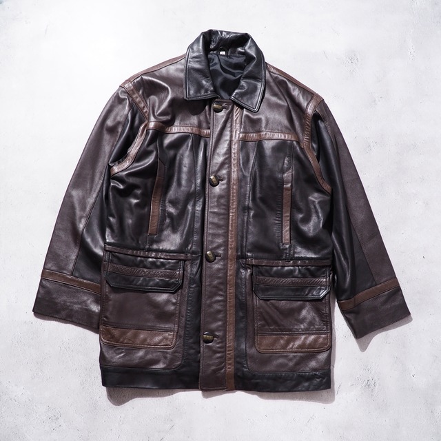 Dark brown panel switching vintage sheep leather jacket