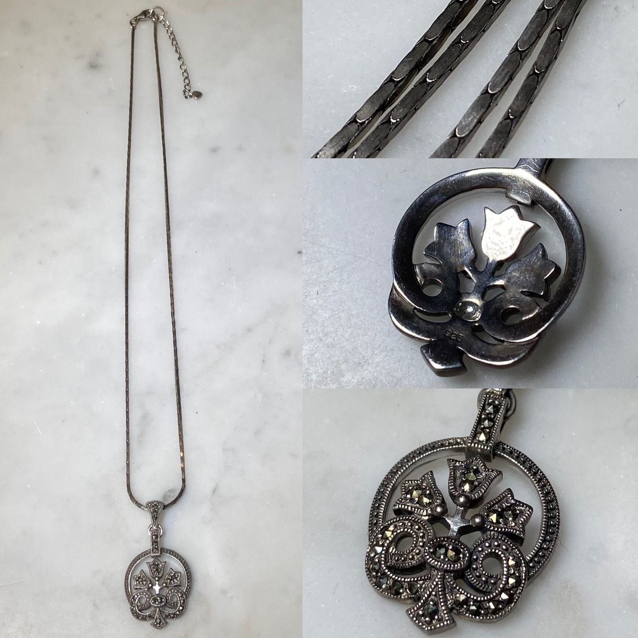vintage silver " flower " pendant necklace set with marcasite