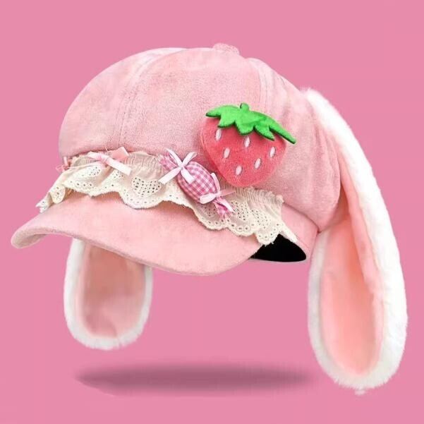 ゆめかわ♡全2カラー うさ耳付きいちごベレー帽 komono3 | ゆめかわガール
