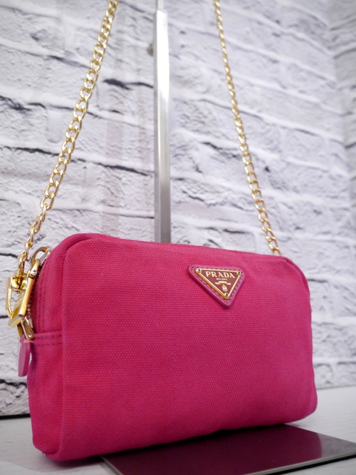 美品◆ PRADA プラダ CANAPA カナパ キャンバス クロスボディ チェーンストラップ ショルダー バッグ カメラ バッグ ポーチ ピンクx金◆