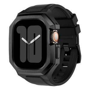 【在庫のみ】コンパチブル Apple Watch バンド 44mm 45mm 46mm 49mm ステンレス鋼 頑丈なメンズ フッ素ゴムベルド 一体型 スポーツ Series 9/8/7 45mm SE2/6/5/4/SE 44mm Ultra 49mm 10/46mm対応 耐衝撃性 落下防止 装着簡単