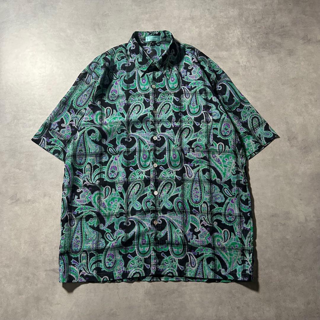 ヴィンテージ ペイズリー グリーン パターン レトロ 古着屋 シャツ
