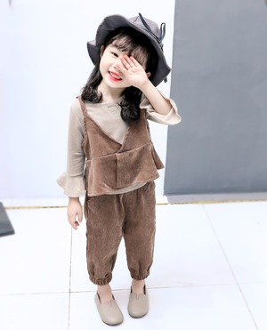 セットアップ スリーピース 秋冬 女の子 子供 キッズ トップス カットソー 長袖 ロンT フリル キャミソール タンクトップ ボトム パンツ コーデュロイ 無地 セット 韓国 プチプラ
