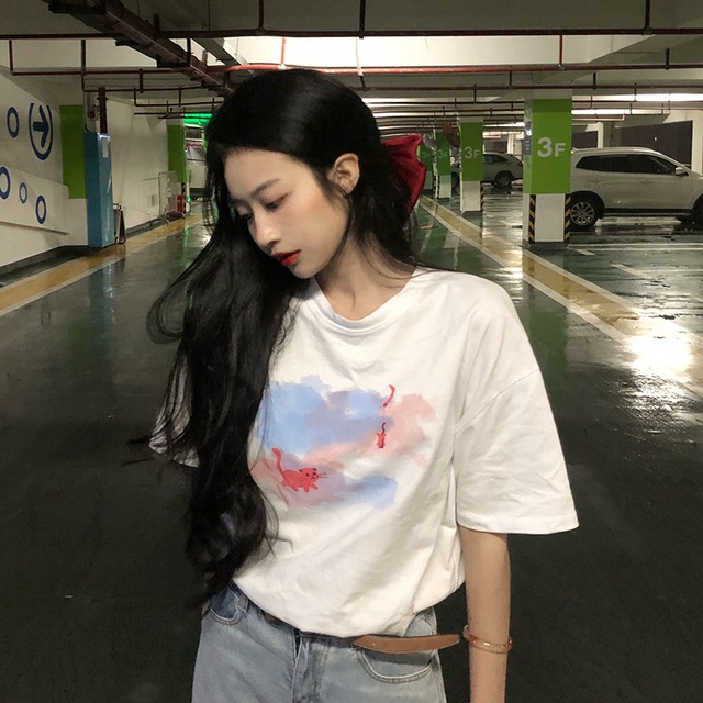 プリントホワイトTシャツ サマースタイルラウンドネックトップス 夏物 Oネック 1号婦人93845892017