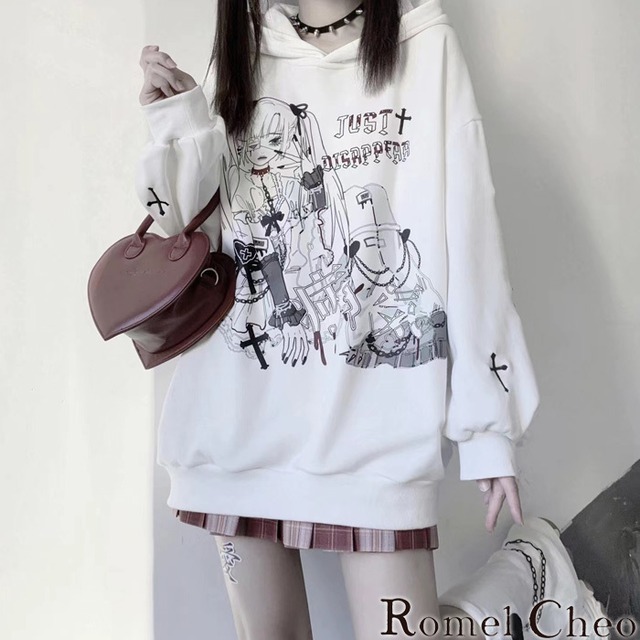 お支払い確認後日以内発送 Romelcheo 原宿風イラスト裏起毛パーカー プルオーバーパーカー グラフィックパーカー オーバーサイズ 長袖 パンク ロック 病み系 ロリータ ゴス レディース ストリート モード系 ファッション 森ガール 原宿系 青文字系 カジュアル