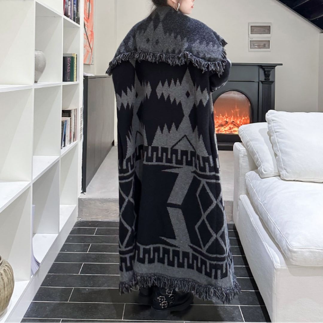 幾何学模様ビックカラーロングニットコート CO0158 | Style Sombre