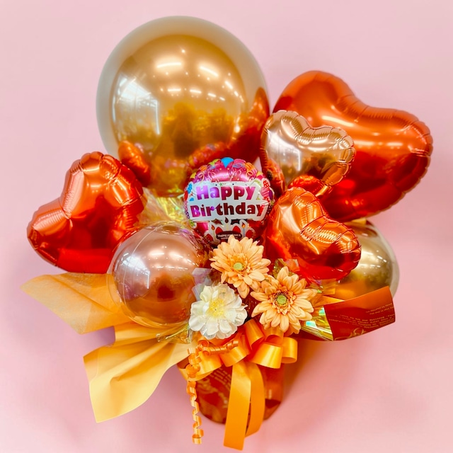 【メッセージ変更OK】フラワー＆バルーンアレンジ  オレンジ｜誕生日・発表会・記念日・結婚祝い・ありがとうギフト【名入れ対応】