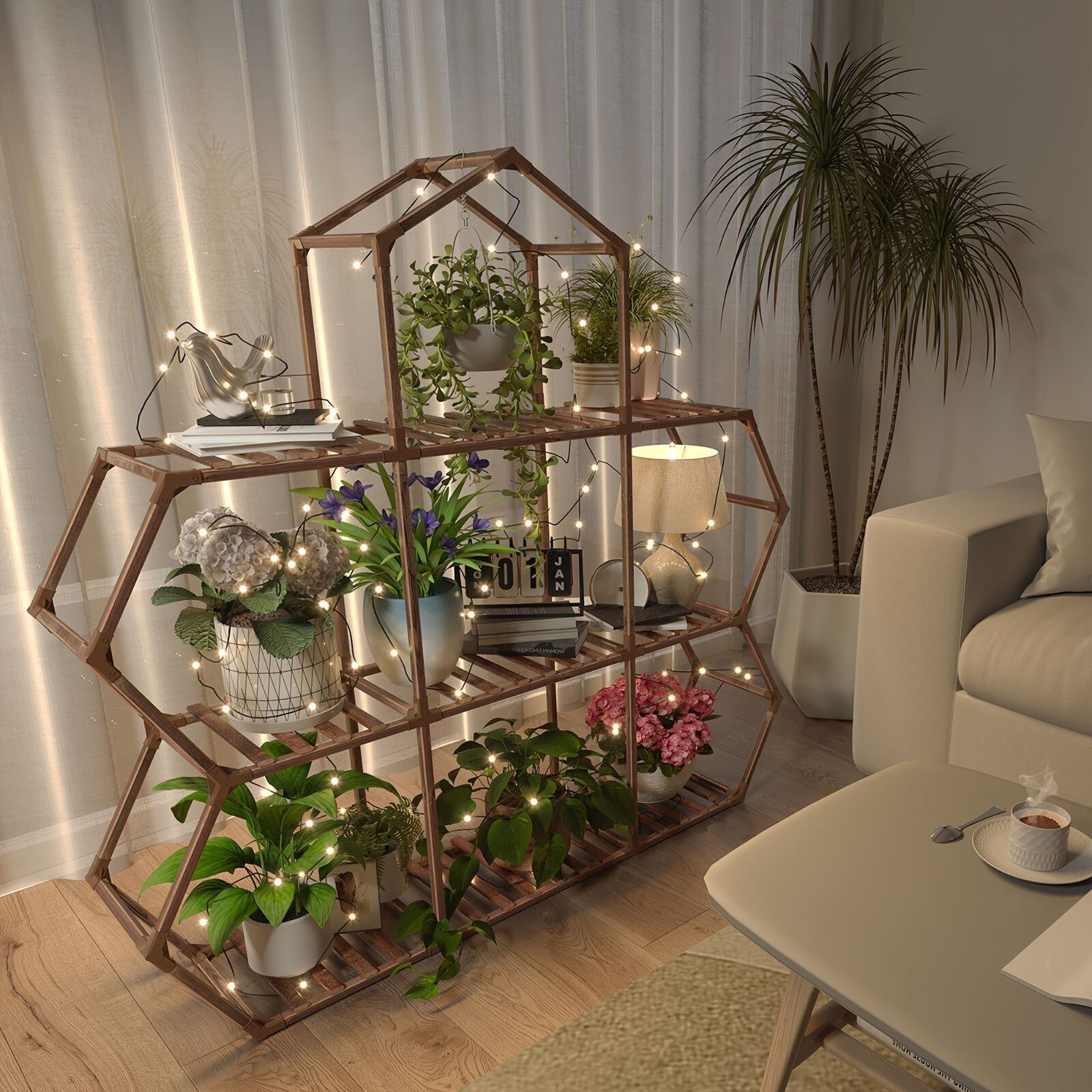 六角形植物スタンド 屋内 木製 屋外 植物用棚9個 鉢植えはしご 植物