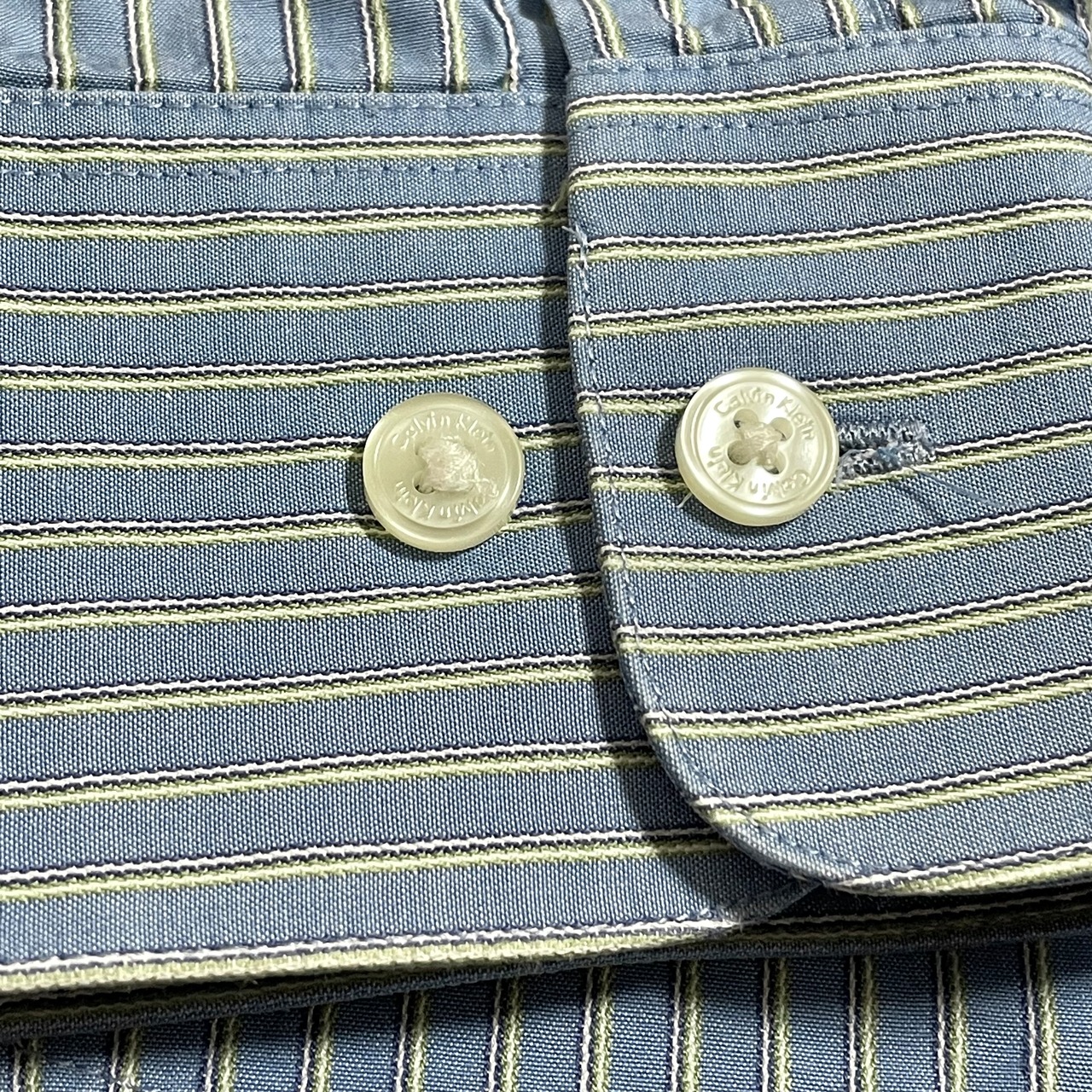 【Calvin Klein】ストライプシャツ slim fit スリムフィット ライトブルー 柄シャツ 長袖 ビジネスカジュアル L相当 ビッグサイズ カルバンクライン US古着
