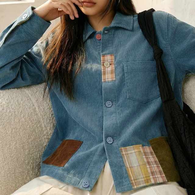 Patchwork Corduroy Lake Blue Shirt / パッチワーク コーデュロイ レイクブルー シャツ