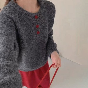ニット 起毛 長袖 ハーフボタン レディース 春秋冬 韓国 トップス おしゃれ 大人 カジュアル きれいめ ハートボタン 無地 ゆったり ガーリー フェミニン 大人可愛い 大人女子