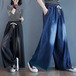 「ファットガール」 秋冬 デニムパンツ ゴム ワイドパンツ ハイウエスト 大きいサイズ ゆったり フレア レディース ロングパンツ