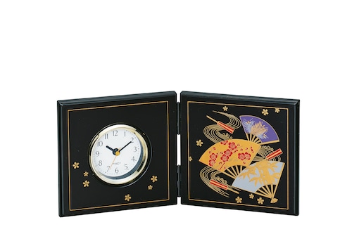 36-3910 漆芸屏風時計（小） 黒 扇面 Lacquer Folding Screen Clock Small Colorful Fan Motif