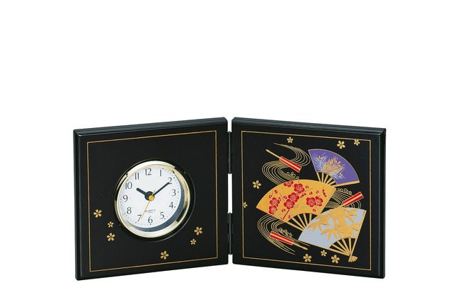 36-4001 漆芸屏風時計（中）黒塗 金箔工芸 赤富士 Lacquer Folding Screen Clock w Red Mt. Fuji