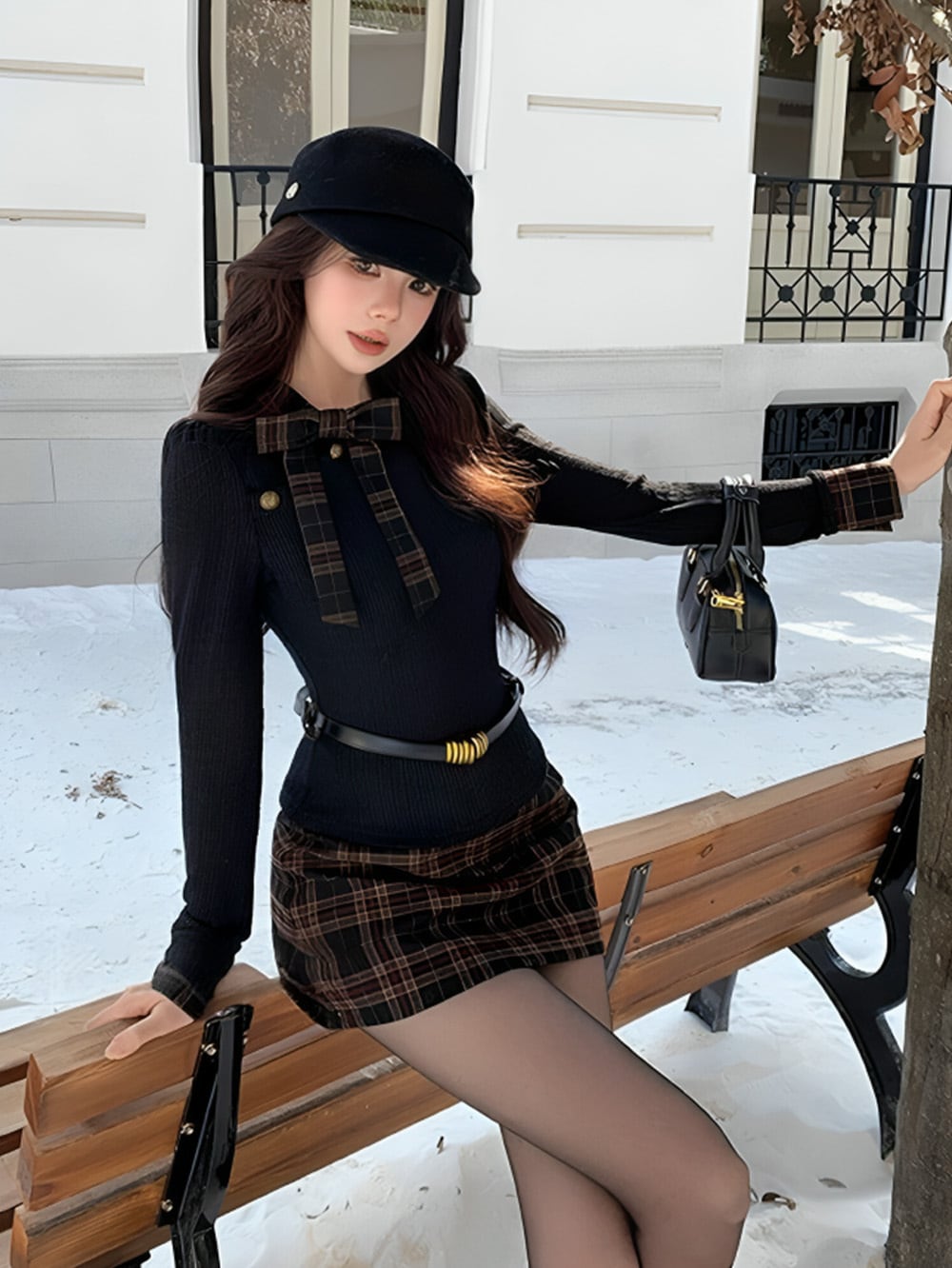 #大人可愛い|リボンチェックスリーブニットトップス+チェックデザインスカートセットアップ|WAHJU