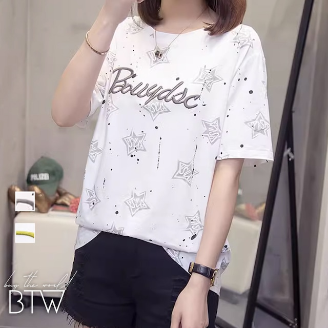 【韓国レディースファッション】刺繍ロゴ星柄Tシャツ カジュアル クール ストリート スポーティ プチプラ BW2600