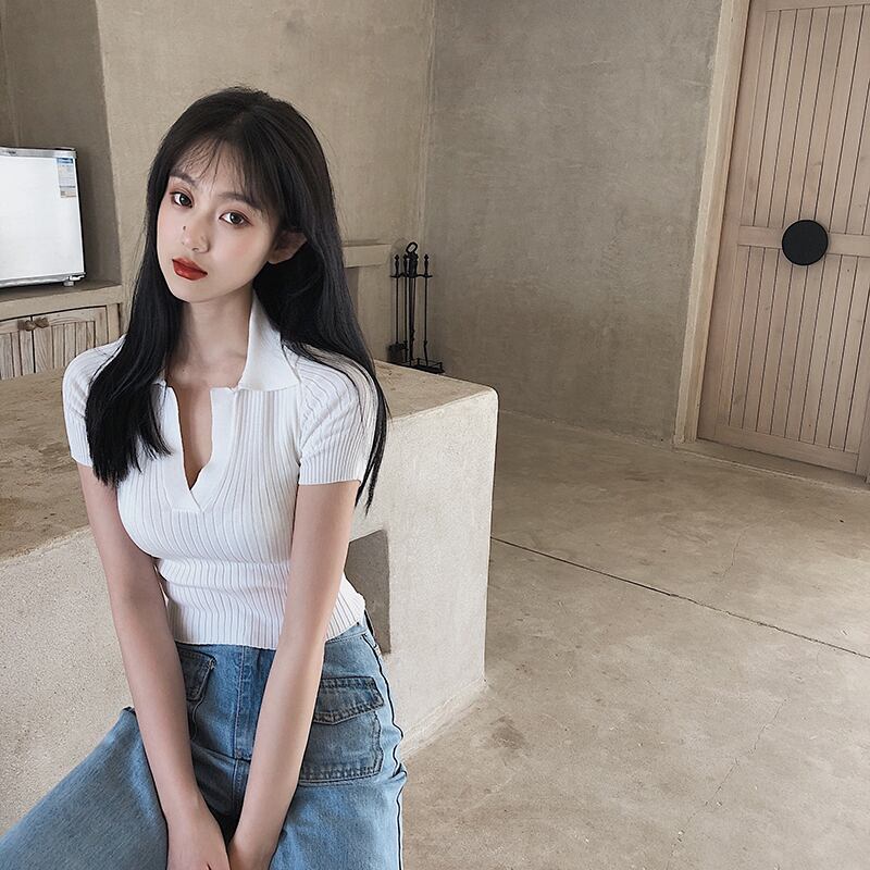 ニットセーター カラーショートスリムホワイトシャツ スプリングトップス 春物 ブラックストロベリース37917944023