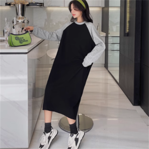 【送料無料】 ワンピース 2色 ロング マキシ 袖あり 長袖 クルーネック Aライン フレア バイカラー スウェット 厚手 可愛い 大人可愛い きれいめ シンプル カジュアル コンサバ 華やか おしゃれ お洒落 ラフ 無地 秋 冬 30代 40代 レディース 女性用 マタニティ ママ服 デート お出かけ 女子会 休日 普段使い オルチャン 韓国系 ファッション コーデ スタイル 楽ちん 体型カバー 定番 プチプラ 着痩せ   XL 2XL 3XL 4XL 大きめ ブラック グレー 大人カラー モノトーン