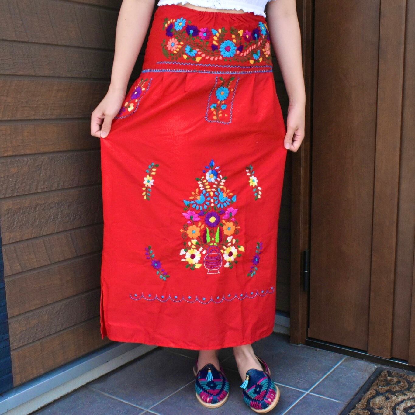 プエブラ刺繍 ロングスカート チューブワンピース レッド Joans Peca