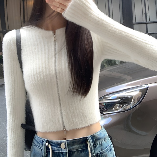 Zipper slim short knit sweater【H00244】