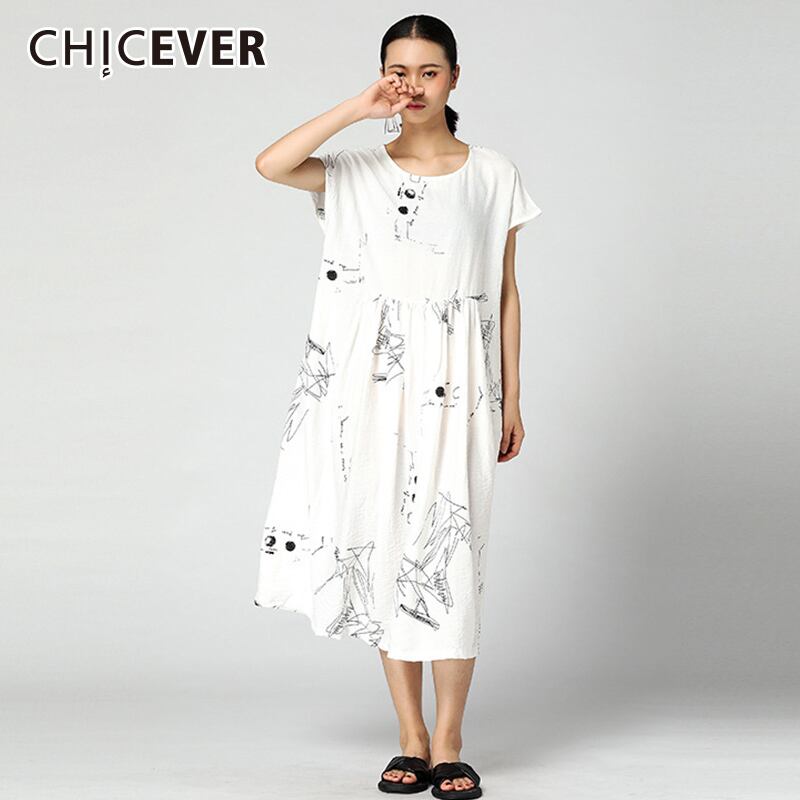 CHICEVERサマープリントドレスレディースOネック半袖裾非対称ルーズオペレディースドレス ショート ハーフスリーブ 夏物 6base530352185774