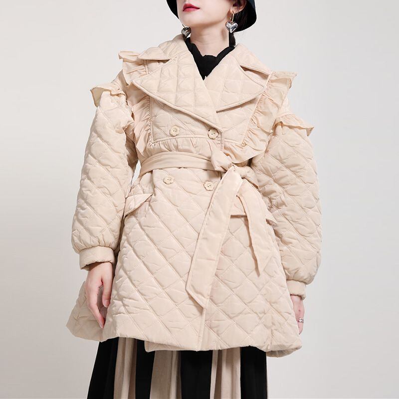 FRILL TRIMMED DOUBLE BREAST MIDI PADDED COAT 1color M-15046