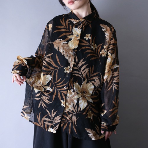 flower and leaf art pattern loose silhouette sheer shirt