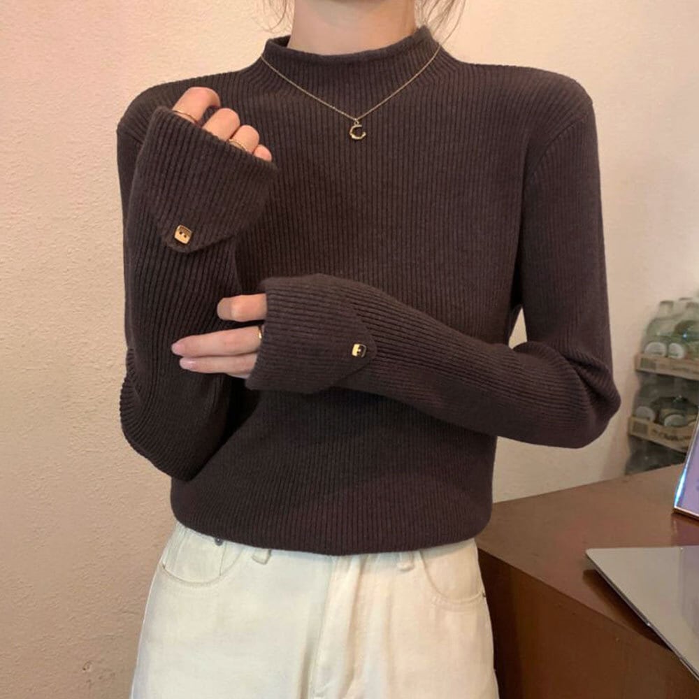 ハイネック リブニット 長袖 レディース 韓国 春秋冬 ニット きれいめ 大人 カジュアル おしゃれ 袖ボタン シンプル 通勤 無地 伸縮性 大人可愛い 大人女子