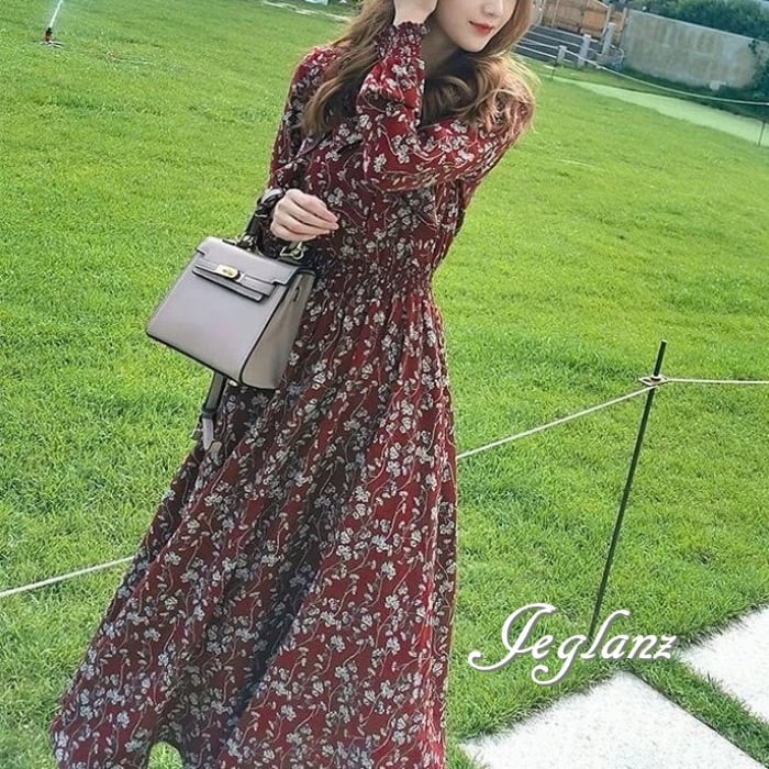 ボタニカル柄 ボウタイ ワンピース ドレス ギャザー フェミニン 5色 (MA872)γα