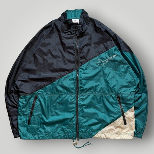 【90s】NIKE ナイロンジャケット メンズ XL Green/Black マルチカラー スウッシュ ロゴ 銀タグ VINTAGE ナイキ スポーツ Y2K 古着 正規品