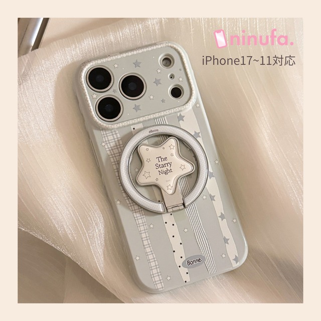 【 iPhone17~11 / MagSafe対応 】星柄おしゃれすぎ！クリーミーブルー◎韓国かわいい スマグネット ワイヤレス充電 スマホスタンド スター柄 スマホケース ND-16716