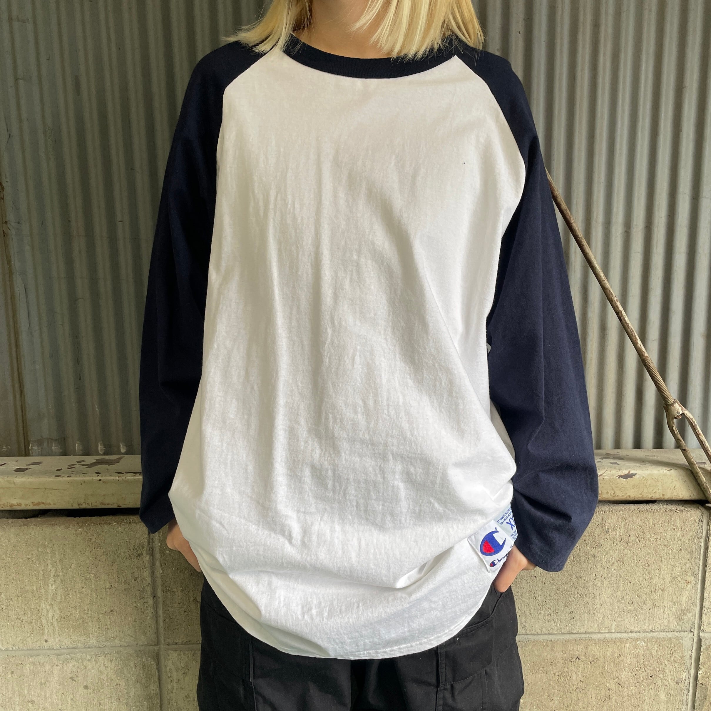 ビッグサイズ  チャンピオン ラグラン 7分袖 長袖Tシャツ ロンT メンズ 古着 ネイビー×ホワイト 紺 白  大きいサイズロングＴシャツ    古着屋公式古着通販サイト