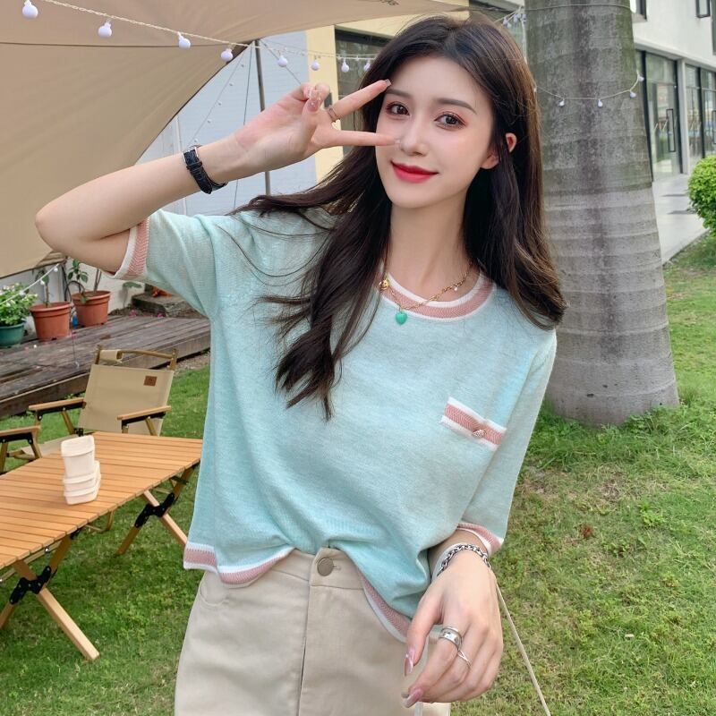 スタイルセーター サマーラウンドネック薄手半袖スリーブトップス レディース ショート ハーフスリーブ 夏物 Oネック YY-ファッション61125130391