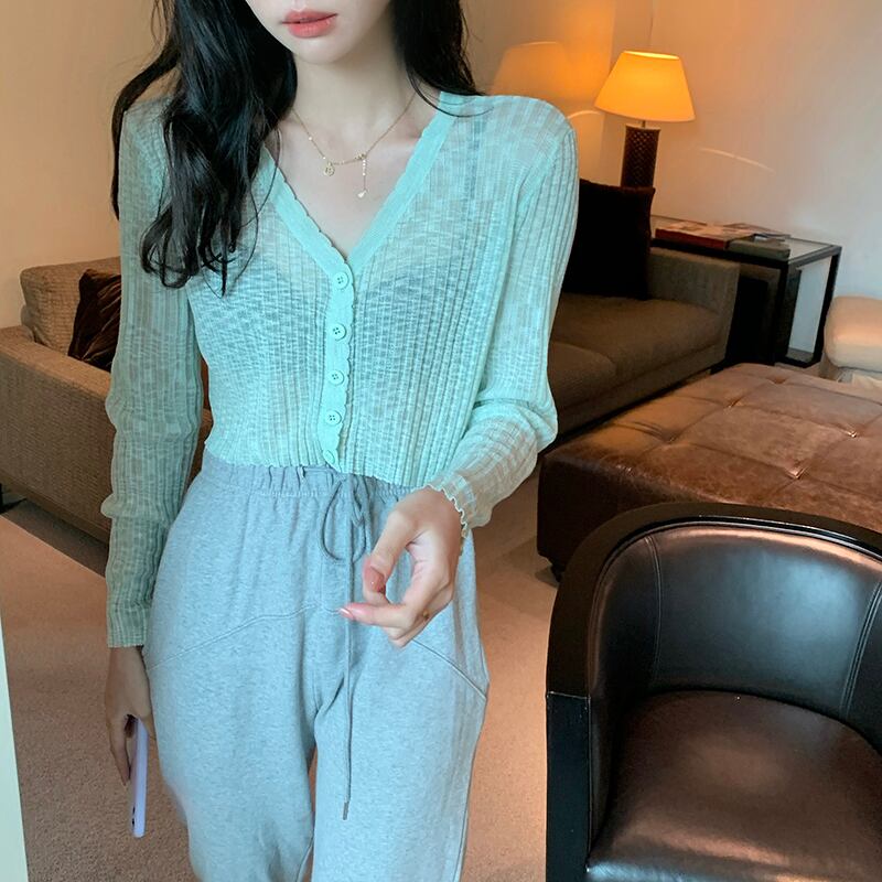 ソリッド カラーVネックショートニットセーター サマー薄手トップス ロング 夏物 ソリッドカラー ビッグFスモールZ韓国89925128304