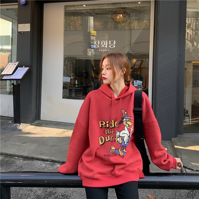 レディース トップス 春 トレーナー スウェット スエット パーカー フード付き イラスト キャラクター ダック ゆったり ビッグシルエット 長袖 ドロップショルダー トレーナー オーバーサイズ スウェット シンプル ストリート ユニセックス カジュアル お出かけ デート
