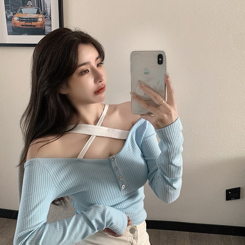 スプリングカジュアルクロスストラップ スリムトップス Tシャツ ロング 春物 ステッチ ドラファッションホール1196235218