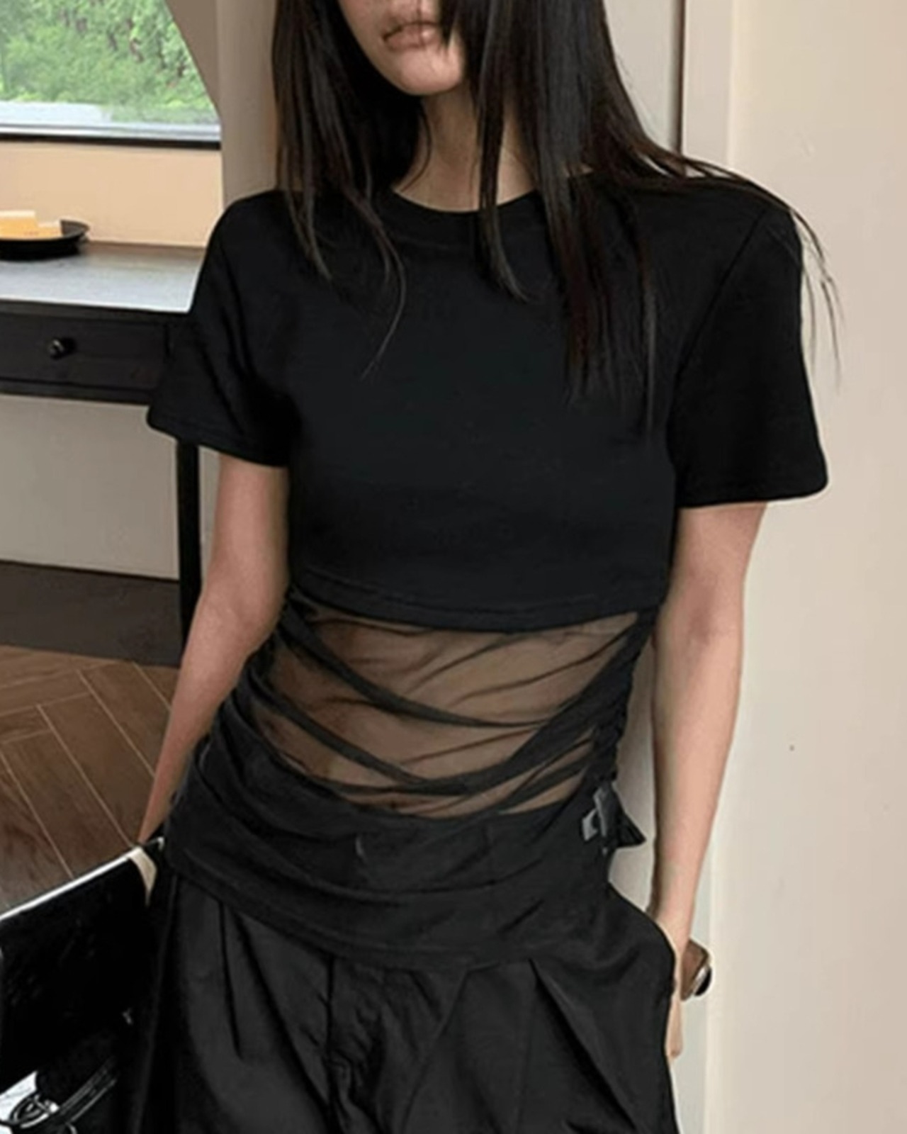 シアー切替ドレープ半袖Tシャツ 2color A1011 - 2