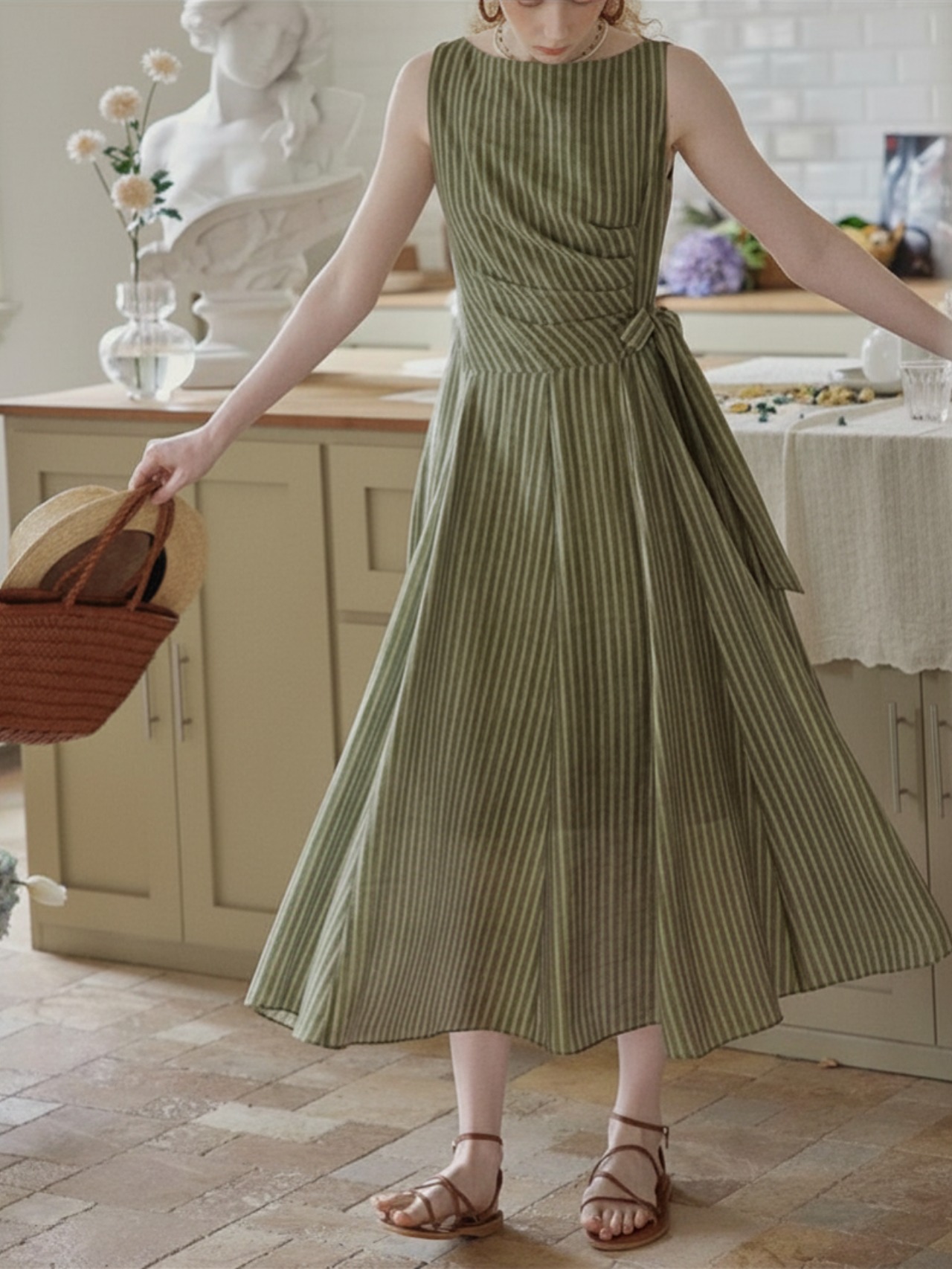 Feuille Sleeveless Stripe Wrap Dress F0695