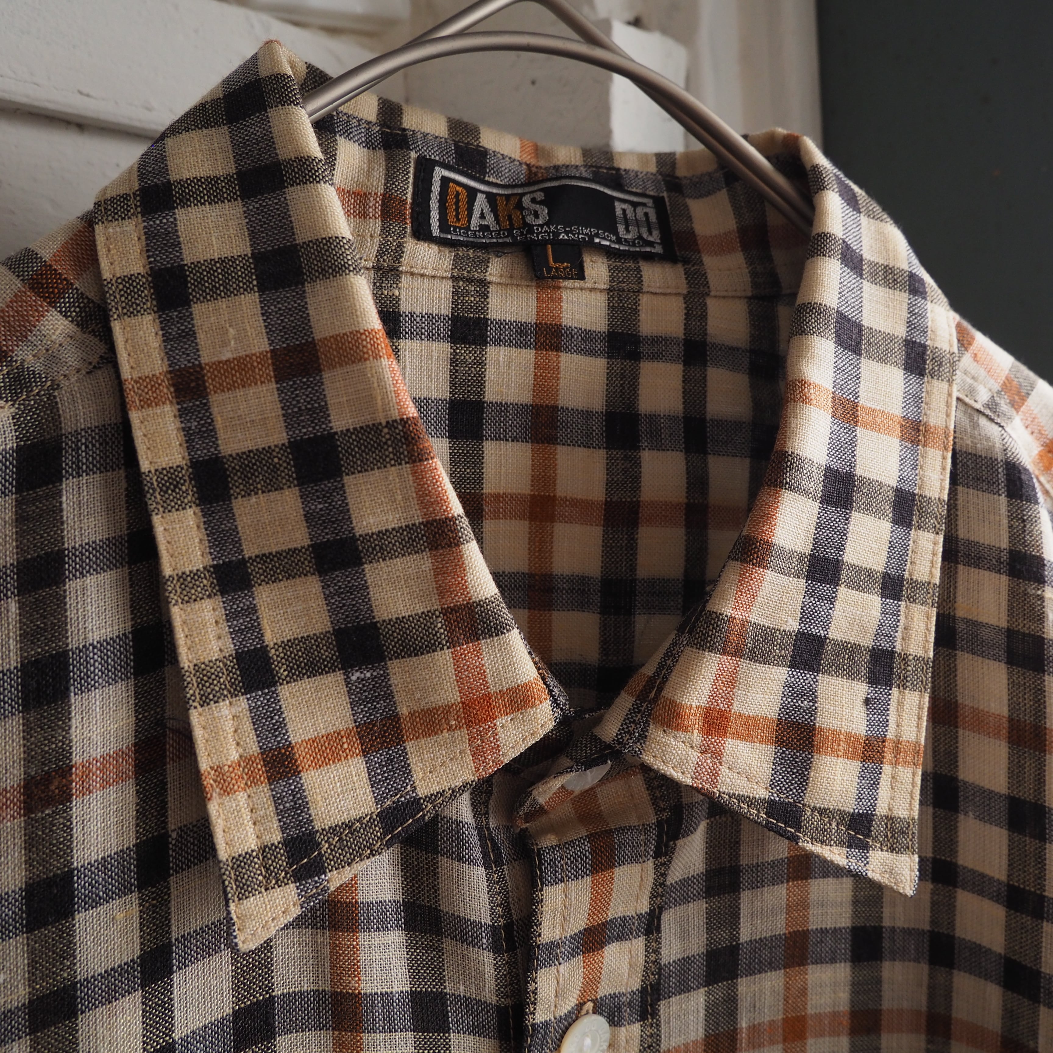 1980s ” Old DAKS ” House check pattern Design vintage loose linen mix shirt